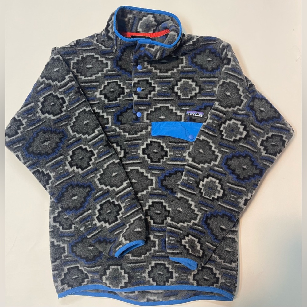 Patagonia Men’s Synchilla Blue Gray Snap T Fleece Pullover Aztec Print Jacket XS